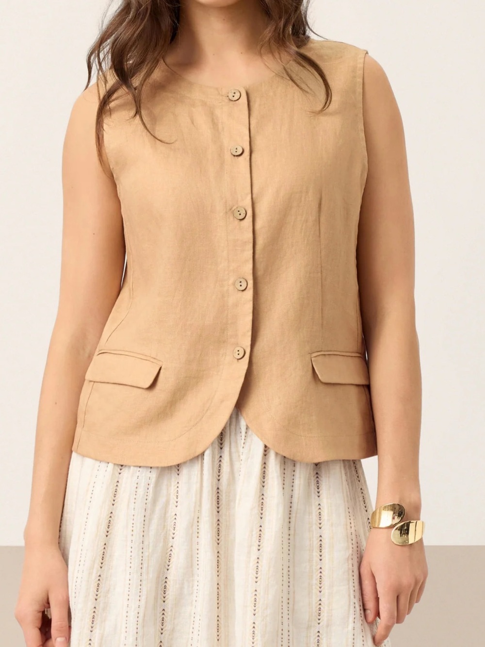Sleeveless Button-Front Linen Blend Vest Top - camel